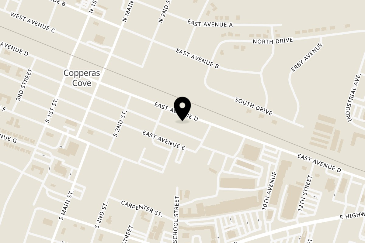 Map showing the location of Toa's Ohana Hawaiian Restaurant on 308 E Ave in Copperas Cove